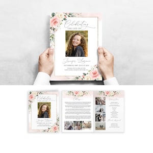 Plantilla editable de programa funerario con rosas blancas ruborizadas, programa de servicio conmemorativo floral rosa, programa de obituario doble 8.5"x11" Tamaño carta F21