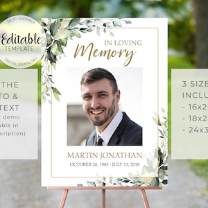Funeral Welcome Sign Template, Greenery Eucalyptus Memorial Service Sign, Celebration of Life,  Memorial Poster Funeral Sign For Man