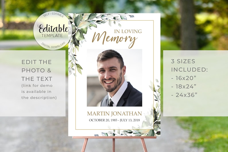 Funeral Welcome Sign Template, Greenery Eucalyptus Memorial Service Sign, Celebration of Life,  Memorial Poster Funeral Sign For Man