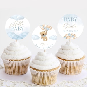Bearbeitbarer Bär Blaue Luft Heißballon-Babyparty-Cupcake-Topper, Blaue Babyparty-Cupcake-Topper, sofortiger Download, digitale Vorlage #BB57