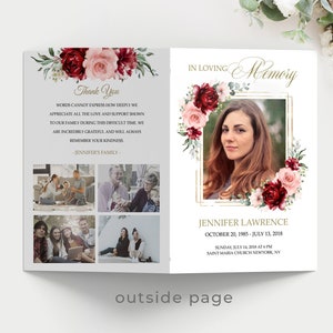 May include: A funeral programme with a floral design featuring burgundy and pink flowers. The programme includes a photo of a woman, the text "In Loving Memory", and the name "Jennifer Lawrence".