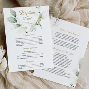 May include: A printable baptism ceremony programme with a watercolour floral design in shades of green and gold. The programme includes a schedule of events, a section for the ordinance of baptism, and a confirmation section. The programme also includes a poem titled "When I am Baptized" and "I'm trying to be like Jesus".