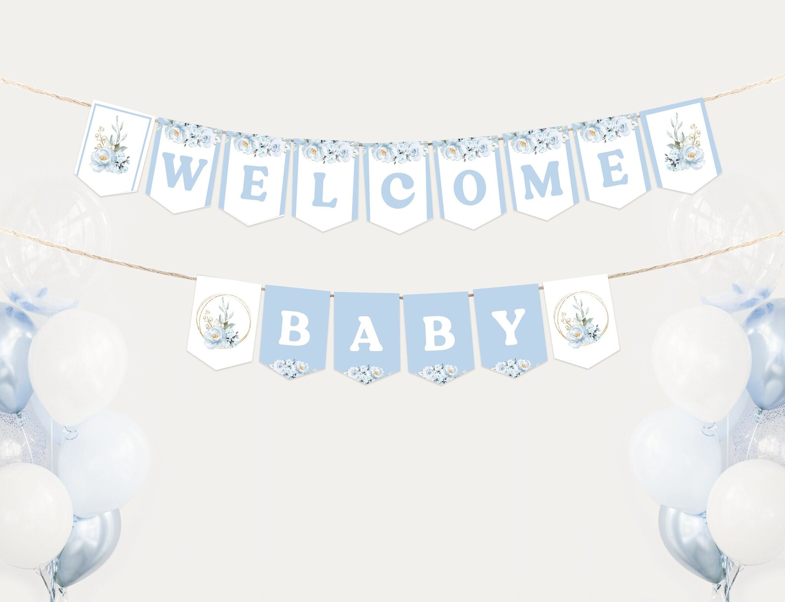 Baby Shower Pennant Banner Template Dusty Blue Rose, Baby Shower ...