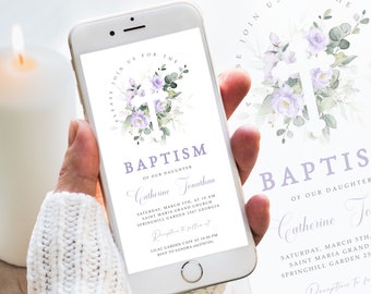 Electronic Baptism Invitation Template, Purple Rose Baptism Invite, Christening Evite, Digital Baptism Invitation Baptism Phone E-vite #BP57