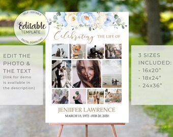 May include: A memorial sign on an easel, featuring a collage of photos and the text "Celebrating the Life of Jennifer Lawrence." The sign includes the dates March 15, 1972 - Feb 20, 2020, and is adorned with floral accents. Three sizes are included: 16x20", 18x24", and 24x36".