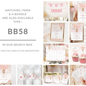 May include: A set of printable baby shower decorations featuring a hot air balloon theme with pink, gold, and white colors. The set includes a welcome banner, invitations, a sign, a calendar, cupcake toppers, favor tags, and water bottle labels. The text on the invitations reads "Twinkle Twinkle Little Baby".