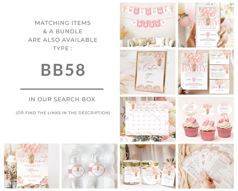 May include: A set of printable baby shower decorations featuring a hot air balloon theme with pink, gold, and white colors. The set includes a welcome banner, invitations, a sign, a calendar, cupcake toppers, favor tags, and water bottle labels. The text on the invitations reads "Twinkle Twinkle Little Baby".