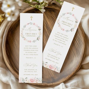 Modèle de marque-page première communion pour filles, fleurs sauvages roses, téléchargement immédiat, faire-part de baptême bébé, #HC31