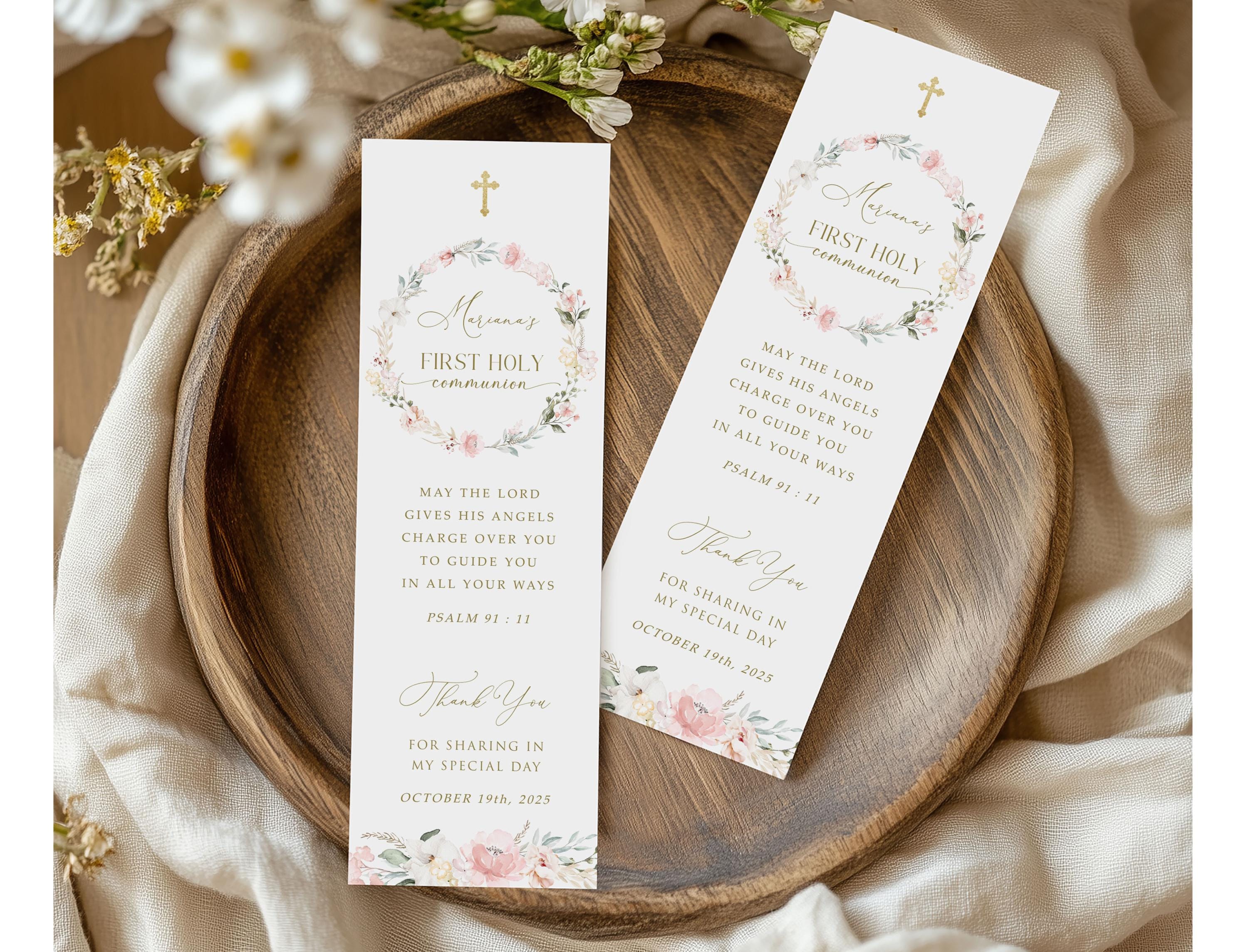 Girls First Holy Communion Bookmark Template, Pink Wildflower, Instant Download, Baby Christening Invitation, #HC31