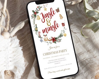 Peut inclure: Un smartphone affiche une invitation à une fête de Noël. L'invitation présente les mots "Jingle & Mingle" en rouge et or, entourés d'une couronne d'illustrations festives. L'invitation comprend les détails de la fête.