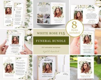 Funeral Bundle Template Floral Celebration of Life Bundle White Roses Greenery Printable In Loving Memory Package Suite Editable #F15