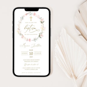 This is an editable smartphone baptism invitation/ announcement template with boho pink flower that you can instantly edit, download and print yourself. This does not require any program or fonts to download.