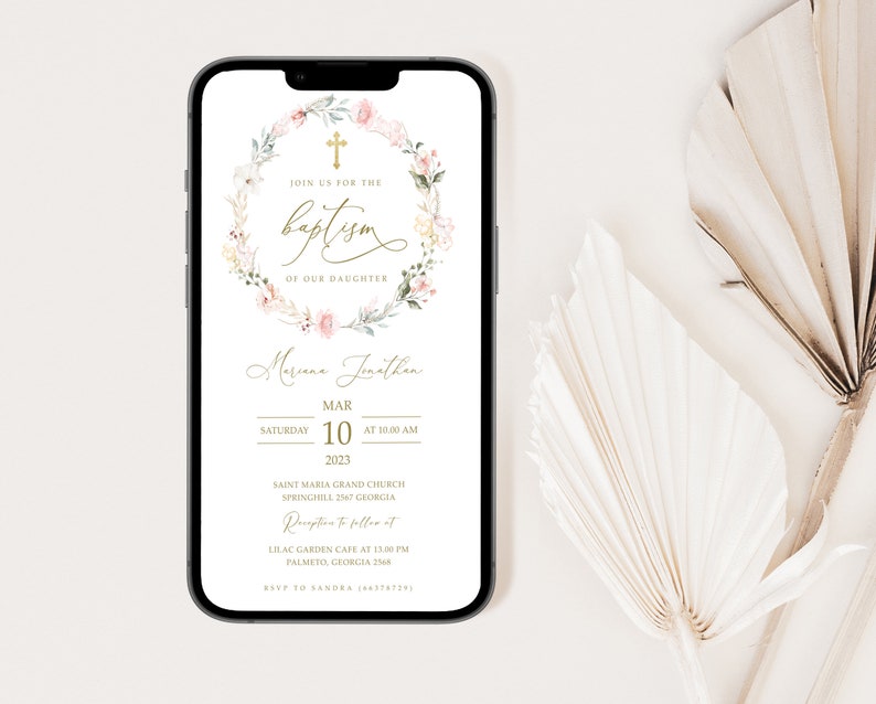 This is an editable smartphone baptism invitation/ announcement template with boho pink flower that you can instantly edit, download and print yourself. This does not require any program or fonts to download.