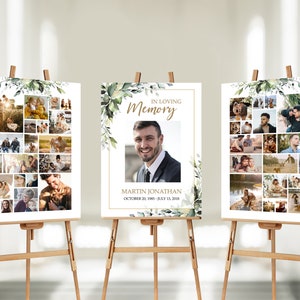 SET Funeral Heart Collage Templates, Greenery Funeral Photo Collage, Celebration of Life, Easel Display Memorial Poster