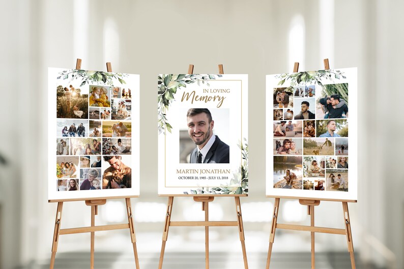 SET Funeral Heart Collage Templates, Greenery Funeral Photo Collage, Celebration of Life, Easel Display Memorial Poster