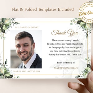 Hojas verdes de acuarela para hombre y mujer Plantilla de tarjeta de agradecimiento funeraria Tarjeta de condolencia editable Tarjetas planas y plegadas funerarias #F116