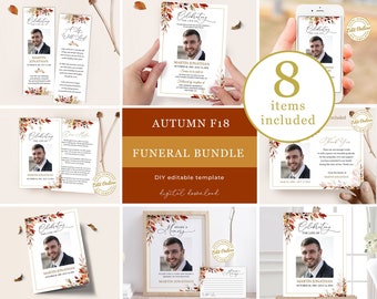 Funeral Bundle Autumn Template | Celebration of Life Autumn Leaves In Loving Memory Suit, Red Orange Leaves Theme, Instant Download #F18