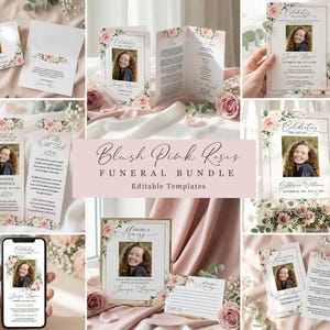 Edytowalny szablon pakietu pogrzebowego, różowy rumieniec, białe róże, akwarela, kwiatowy pakiet na świętowanie życia, do wydrukowania w pełnym miłości pakiecie pamięci F21