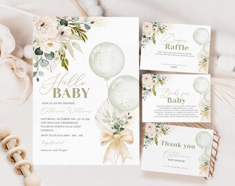 Sage Green Baby Shower Invitation Set, Gender Neutral Baby Shower, Greenery Invitation Printable Template, Sage Balloons Baby Shower BB143