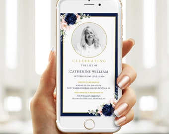 May include: A blue and white digital memorial card with a floral design and a photo of a woman. The card reads "Celebrating the Life of Catherine William, October 20, 1985 - July 13, 2018". The card also includes information about the service and reception.