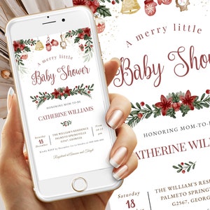 Plantilla editable de Evite para Baby Shower de invierno, Invitación digital a Merry Little Baby Shower, Evite editable para Baby Shower de Navidad #BB392
