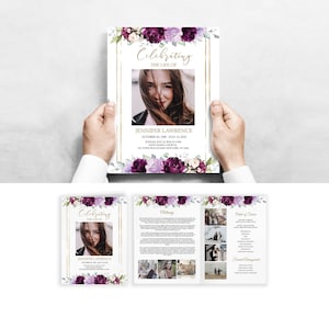 Plantilla de programa funerario editable con rosas moradas Programa de servicio conmemorativo floral Programa de obituario Doble pliegue 8.5"x11" Tamaño carta #F26