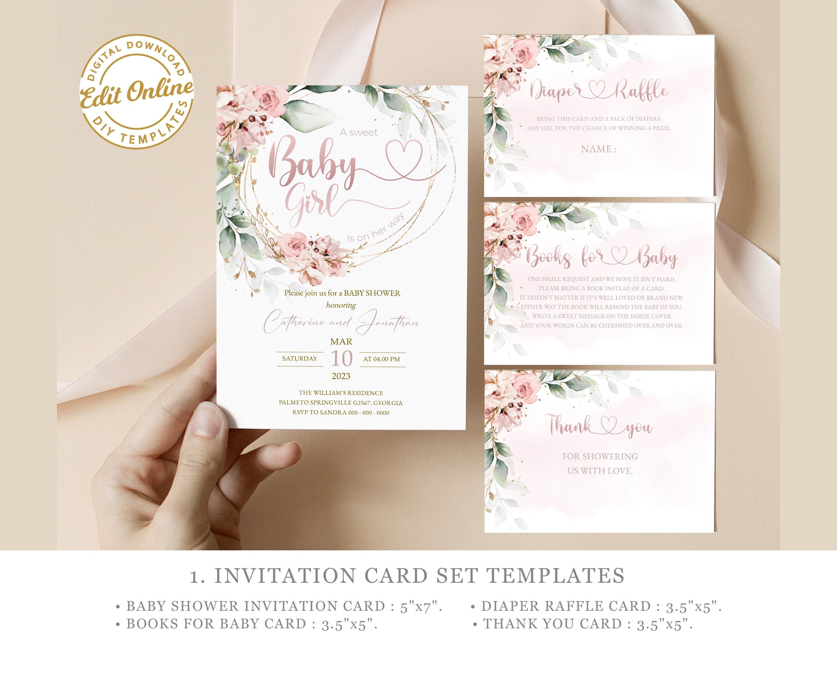 Pink Blush Flower Baby Shower Bundle, Editable Girl Baby Shower Bundle ...
