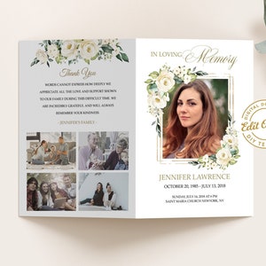 May include: A white and green floral memorial card with a photo of a woman in a gold frame. The text reads "In Loving Memory, Jennifer Lawrence, October 20, 1985 - July 13, 2018, Sunday, July 14, 2018 at 6 PM, Saint Maria Church, New York, NY".