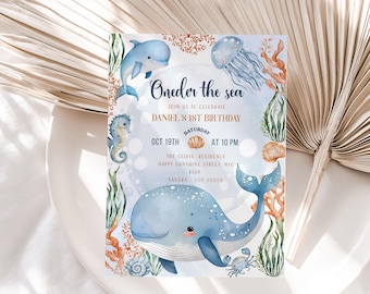 Invitation d'anniversaire Oneder la mer à imprimer, modèle modifiable sous la mer, 1er anniversaire d'invitation, invitation animaux marins sous la mer #BD53
