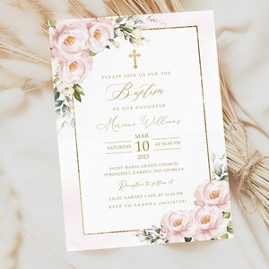Bearbeitbare Mädchen-Taufeinladungsvorlage, Rose Pink Floral, druckbare Taufe einladen, Mädchen-Rosa-Taufeinladung, INSTANT Download, #EP12