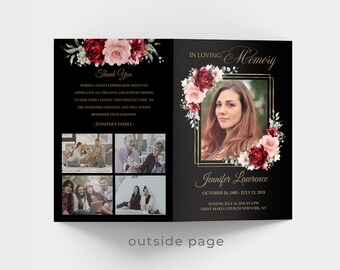 May include: A black and gold funeral program with a floral wreath and a photo of a woman. The text reads "In Loving Memory, Jennifer Lawrence, October 20, 1955 - July 13, 2018, Sunday, July 14, 2018 at 6 PM, Saint Maria Church New York, NY".