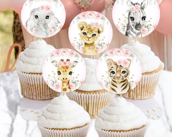 Toppers de cupcakes editables Plantilla de baby shower de niña rosa Animales de safari Decoración de alimentos para baby shower Topper imprimible Descarga instantánea #BB47