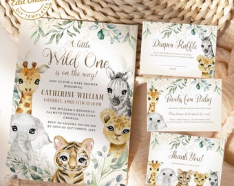May include: A baby shower invitation with a jungle theme. The invitation features a watercolour illustration of a giraffe, zebra, lion, elephant, and tiger. The text on the invitation reads "A little Wild One is on the way!" and includes the name "Catherine William" and the date and time of the shower. The invitation also includes a diaper raffle card and a book for baby card.