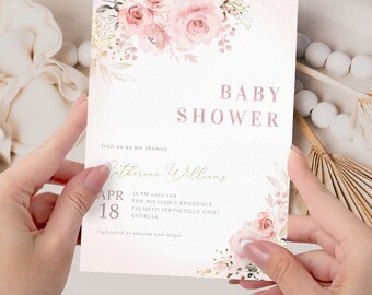 May include: A pink and gold baby shower invitation with a floral design. The invitation reads "Join us as we shower Catherine Williams, APR 18, 10 PM until end, THE WILLIAM'S RESIDENCE, PALMETO SPRINGVILLE G2367 GEORGIA, registered at amazon and target."
