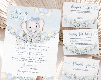 May include: Baby shower invitation and cards with a watercolor design. The invitation says "It's a Boy" and features a cute elephant with blue balloons and floral accents. Additional cards include "Diaper Raffle," "Books for Baby," and a thank you card.