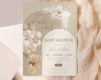 Editable Teddy Bear Baby Shower Invitation, We Can Bearly Wait Baby Shower Invite, Brown Boho Bear Baby Shower, Gender Neutral Bear #BB311