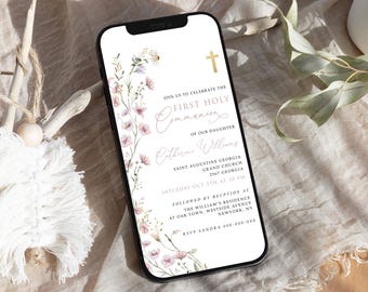 Digital First Holy Communion Text Invitation Template Pink WildFlowers Holy Communion Invite, Editable, Electronic Instant Download #HC56