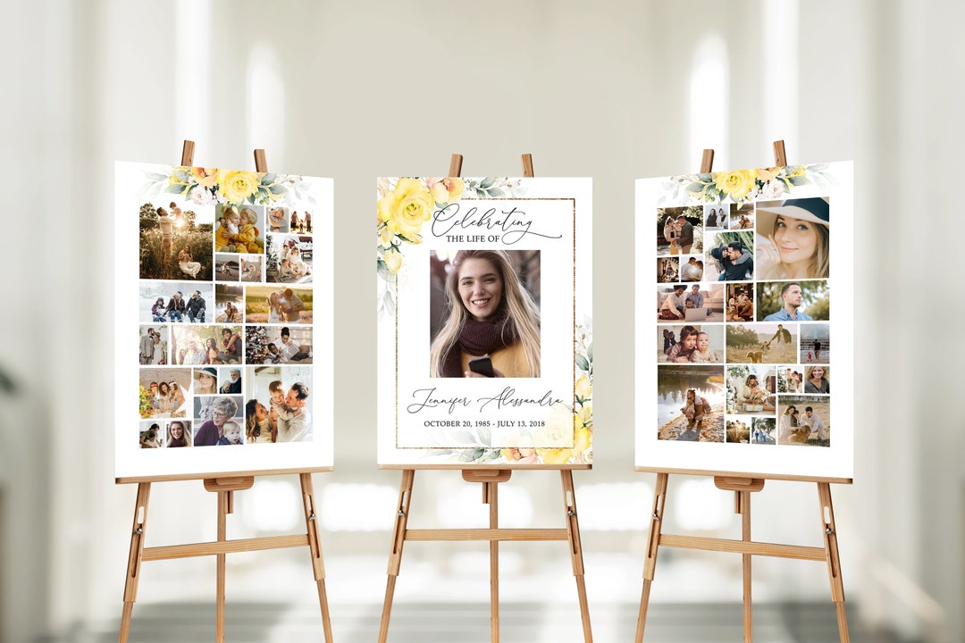 Sign Collage Design SET Funeral Sign Collage Templates, Yellow Flower Funeral Photo Collage ...