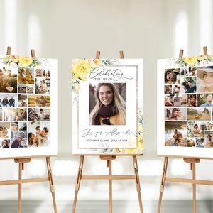 Plantillas de collage de letreros funerarios, collage de fotos de funerales con flores amarillas, celebración de la vida, póster conmemorativo para exhibir en caballete, n.° F41C
