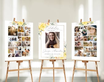SET Funeral Sign Collage Templates, Yellow Flower Funeral Photo Collage, Celebration of Life, Easel Display Memorial Poster, #F41C