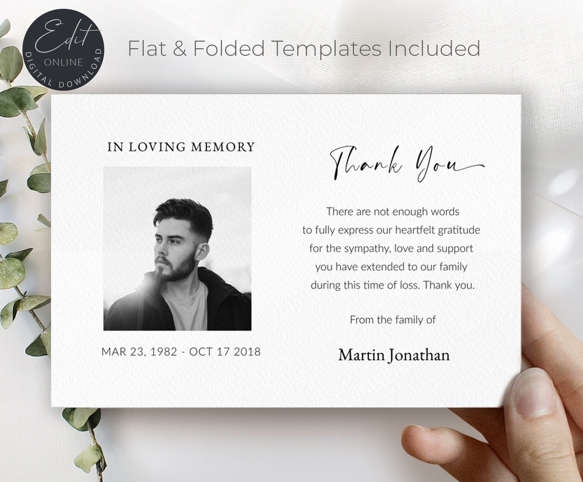 Modern Minimalist for Man and Woman Funeral Thank You Card Template ...
