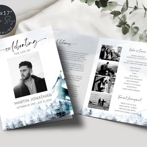 Plantilla de programa funerario plegable con carta grande Programa de servicios conmemorativos de Blue Mountain Programa de obituario Tamaño de carta plegable 8.5x11" #F62