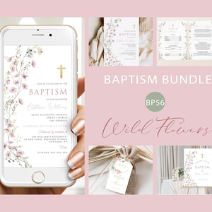 Modelo de Kit para Batismo de Meninas, Batismo com Flores Silvestres Rosa, Kit para Batismo para Imprimir, Download Instantâneo, Convite para Batismo de Bebê, #BP56