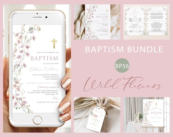 Girls Baptism Bundle Template, Pink Wildflower Baptism, Printable Baptism Package, Instant Download, Baby Christening Invitation, #BP56