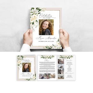 Funeral Program Template, 4 Page Bifold Memorial Program, Large Obituary Template, Celebration of Life, White Lily & Roses, 11x17 #F25