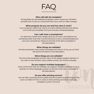 Pu&ograve; includere: Sezione FAQ con informazioni su modelli modificabili, inclusi dettagli sul software utilizzato, la modifica da smartphone, gli elementi modificabili e il supporto multilingue. Il testo menziona anche che non vengono offerti servizi di stampa.