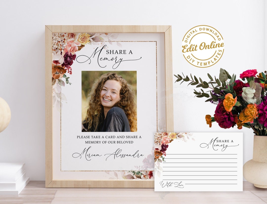 Editable Share a Memory Sign &amp; Cards Autumn Leaves Template Funeral Memory Card Editable ...