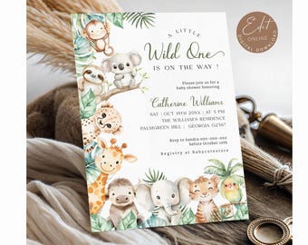May include: A baby shower invitation with a watercolor jungle animal theme. The invitation features a monkey, koala, sloth, giraffe, cheetah, zebra, elephant, tiger, and parrot. Text reads "A Little Wild One Is On The Way!" and includes event details.