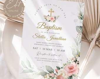 Editable Baptism invitation girl, Pink Rose Girl Christening Invitation Template, Pink Christening Invite digital, pink baptism invite, #BP6