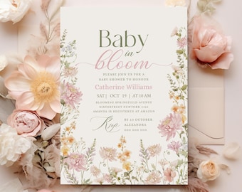 May include: A baby shower invitation with the text "Baby in Bloom" in green and pink script. The invitation is decorated with watercolor floral illustrations in shades of pink, yellow, and white. The invitation includes the date, time, and location.